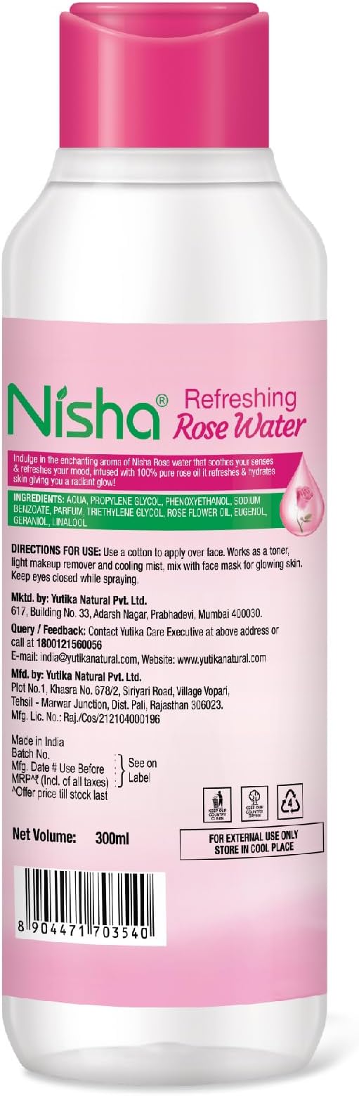 Nisha Refreshing Rose Water For Face 300ml | Gulab Jal For Face | Skin Toner For Glowing and Hydrating Skin | Pore Tightening | Balances pH | Makeup Remover| All Skin Type | Face Toner For Women & Men
