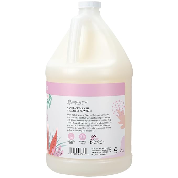 Ginger Lily Farms Botanicals Nourishing Body Wash, 100% Vegan & Cruelty-Free, Vanilla Sugar Bliss Scent, 1 Gallon (Pack of 4)