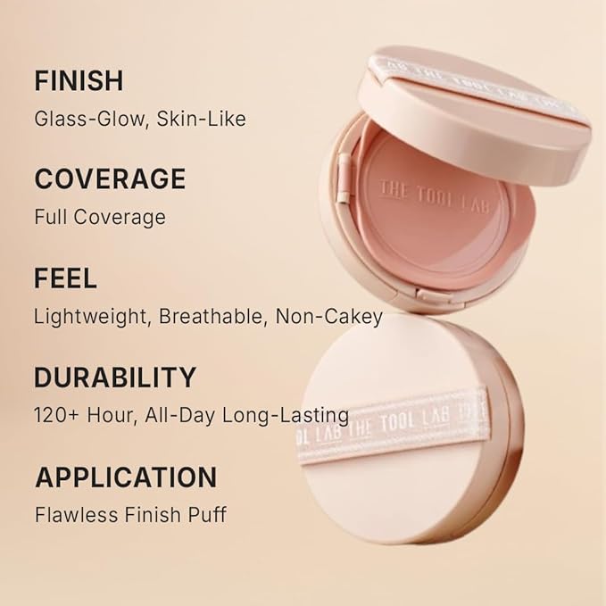 THE TOOL LAB Stamp Skinfit Cushion Foundation, Long Lasting Full Coverage Glass Glow Finish, Korean Foundation Makeup for All Skin Types (No.19 porceline, Glow Type)