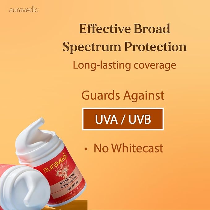 Auravedic Kumkumadi Face Serum Sunscreen SPF 50 | Lightweight Broad Spectrum Daily Face Sunscreen with Saffron | Non-Greasy Moisturizing Sun Protection for Smooth Even-Looking Skin | 1.76 Oz (50g)
