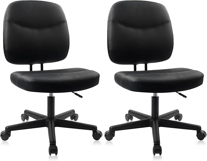 CLATINA Armless Home Office Chair,Small PU Leather Ergonomic Low Back Desk Chair with Lumbar Support and Wheels, Adjustable Height 360° Swivel Rolling Computer Task Chair, Black, 2 Pack