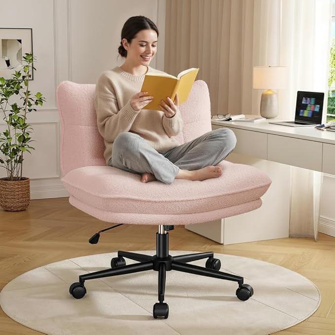 Criss Cross Chair with Wheels, 7" Extra Thick Cross Legged Office Chair, Height Adjustable Swivel Design for Home Office, Study & Vanity,Pink