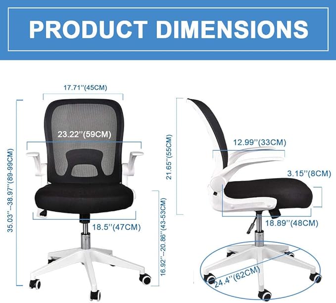 IPKIG Foldable Office Chair - Home Office Desk Chairs with Wheels and Flip-Up Arms - Ergonomic Backrest Mesh Computer Chair Adjustable Swivel Rolling Home Executive (White)