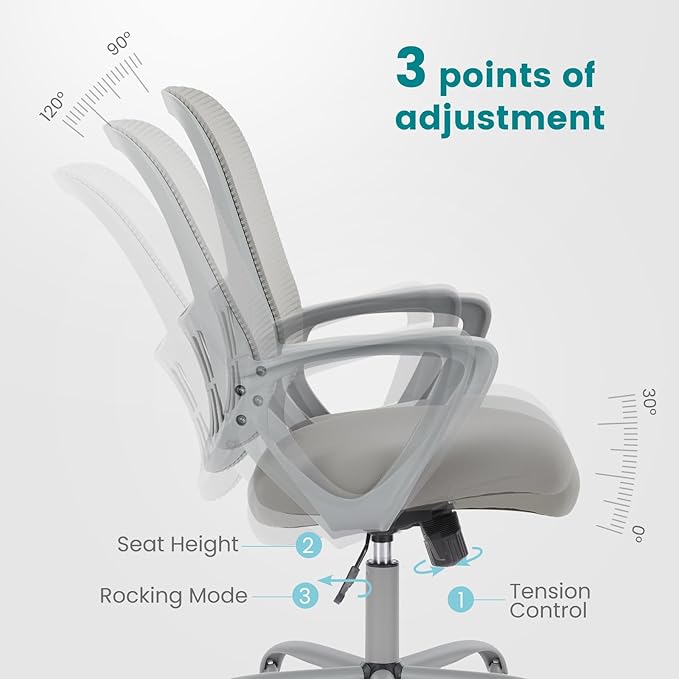 DUMOS Home Office Desk Chair - Ergonomic Mid Back with Lumbar Support & Fixed Armrest, Height Adjustable with Rocking Mode, Storage Back for Computer, Gaming, Conference, 360° Swivel, Grey