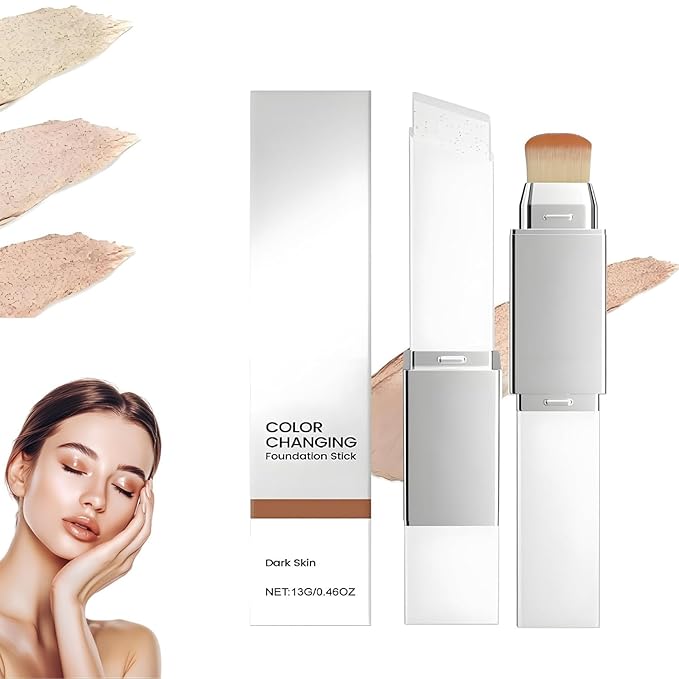 Tryskintle Color Changing Foundation Stick, 2 in 1 Foundation Stick with Brush, Korean Dual-Ended Full Coverage Foundation with Fine Bristle Brush, Lightweight, Long-Lasting (Dark Skin)