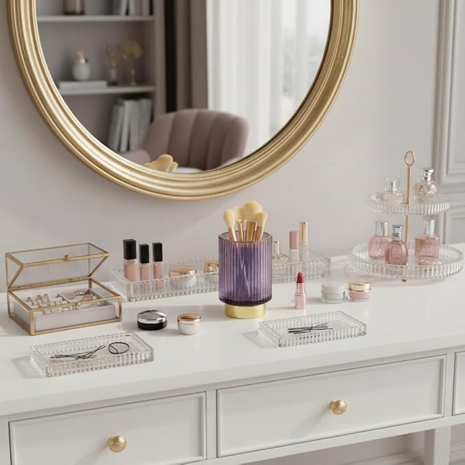 Purple Makeup Brush Holder, Glass Toothbrush Holders for Bathrooms, Gold Pen Holder for Desk, Vintage Make Up Brush Holder Vanity Organizer for Brushes, Lipstick, Eyebrow Pencil
