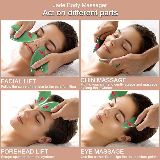 URAQT Gua Sha Massager Tool, 2 Pcs Natural Jade Stone Guasha Board, Gua Sha Scrapping Massager Stones for Physical Therapy and SPA Acupuncture Therapy, Guasha Facial Tool for Face, Eye, Neck, Body