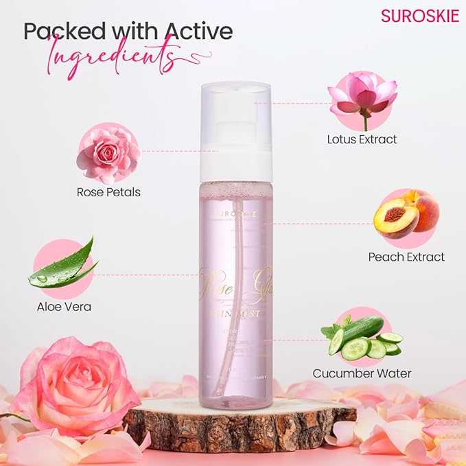 Roses Glass Skin Mist 100Ml | 2 in 1 Face Toner + Makeup Setting Spray | Rose Water for Face with Aloe Vera & Lotus | Toner for Glowing & Hydrating Skin | All Skin Types | for Men & Women