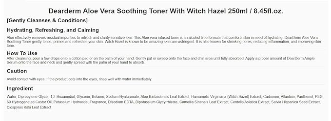 Dearderm Skincare Aloe Vera Soothing Face Toner 8.45fl.oz/250ml (Alcohol-free and Fragrance-free) – Aloe Vera
