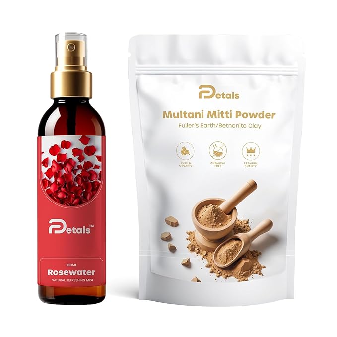 DPetals Rose Water & Multani Mitti Face Pack Combo – 100% Pure & Natural | Skin Brightening | Pore Tightening & Hydration | Clay Mask + Toner | For All Skin Types (100ml + 100g)