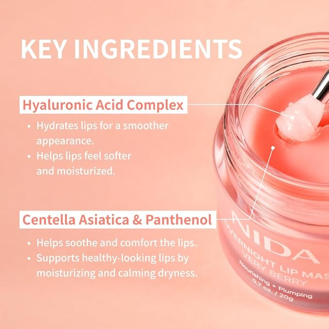 NIDA Overnight Lip Mask - Very Berry | Intense Hydration & Plumping Sleeping Mask for Dry, Chapped Lips | 0.7 oz., 20g