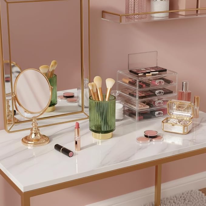 Glass Makeup Brush Holder Organizer, Gold Toothbrush Holders for Bathroom, Green Makeup Brush Holder Cup for Vanity, Desktop Crystal Eyeliners Eyebrow Pencil Storage Cup Holder