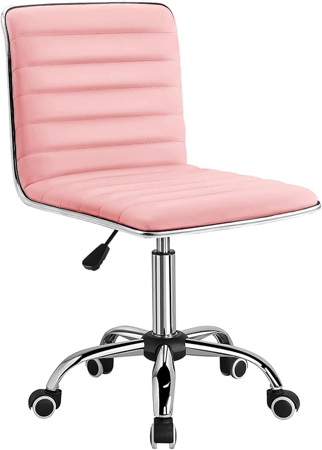 Furmax Vanity Office Desk Chair with Wheels, Armless Small Cute Leather Makeup Computer Task Chair Adjustable Height 360° Swivel (Pink)