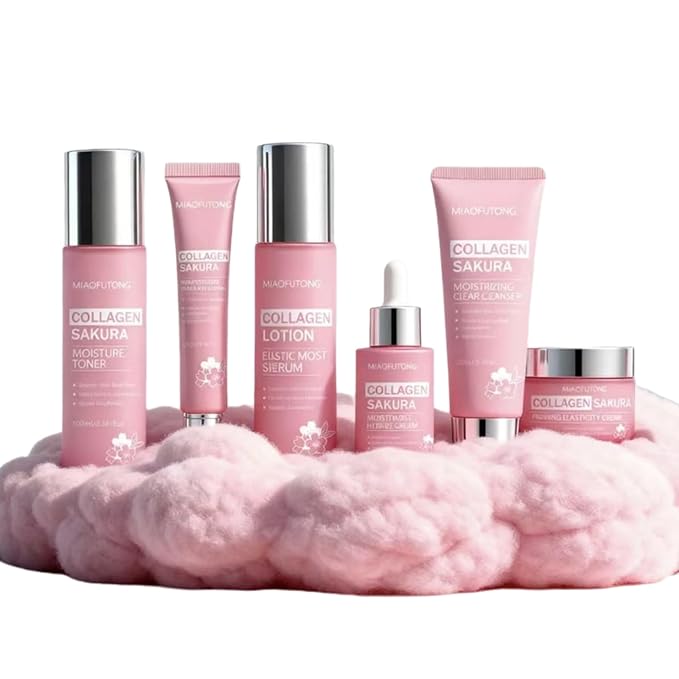 Collagen Sakura 6 Piece Skincare Set Cleanser Toner Moisturizing Lotion Hydrating Serum Firming Eye Cream Face Cream Comes with a make-up Bag Hydrating & Moisturizing for Fall & Winter