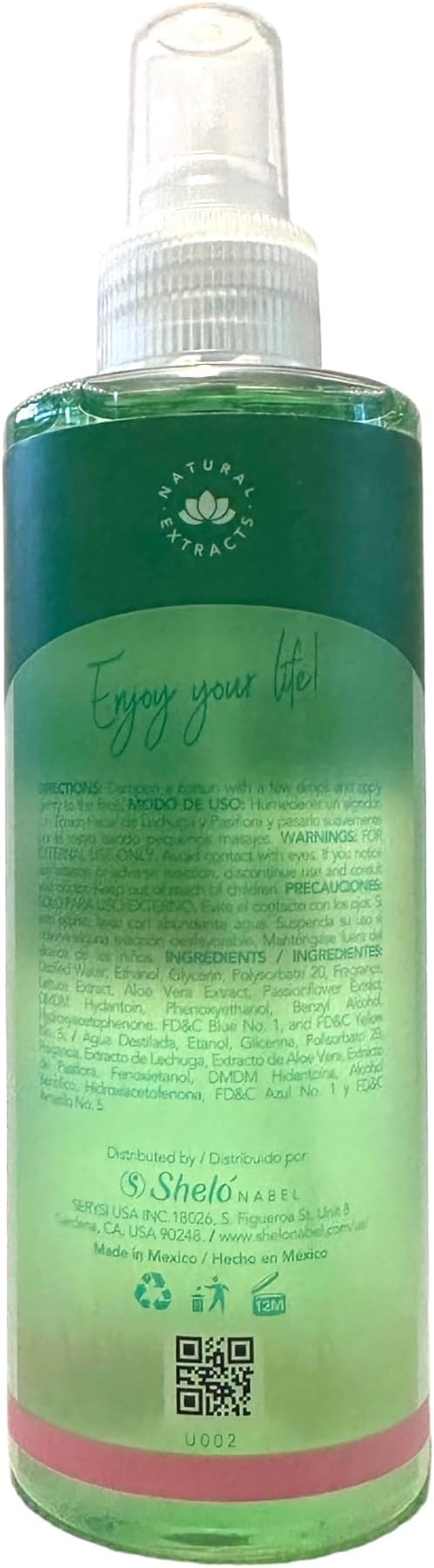 Sheló NABEL Facial Toner Lettuce, Aloe Vera & Passionflower Extract, 8.96 fl oz, Green/Brown
