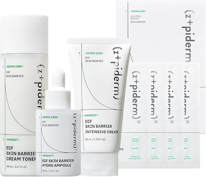 Zipiderm EGF Skin Barrier 4-Step Repair Set – Milky Toner, Hydrating Ampoule, Intensive Cream & Dressing Sheet Mask | Ceramide, Panthenol & Bio-EGF Korean Skincare Routine for Damaged, Dry & Sensitive