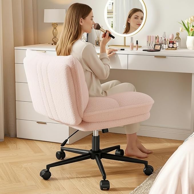 Criss Cross Chair with Wheels, 7" Extra Thick Cross Legged Office Chair, Height Adjustable Swivel Design for Home Office, Study & Vanity,Pink