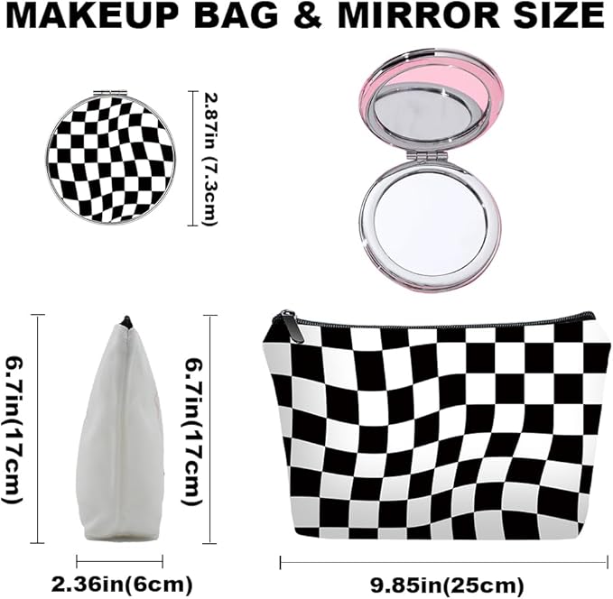 Personalized Black Checkered Makeup Bag set with Mirror for Women,Black Checkerboard travel Cosmetic bag kit with10 pieces pink brush set,Checkered Gifts for Girls Mom femal Friends