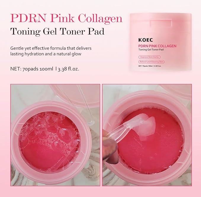KOEC PDRN Pink Collagen Toning Gel Toner Pads, 70 Count, Hydrating Facial Treatment for Smooth Plumped Skin with Improved Clarity, 3.38 fl.oz