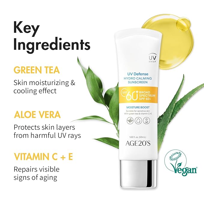 AGE20'S UV Defense Hydro Calming Sunscreen SPF 60+ | Korean Sunscreen | Moisturizing Creamy Formula, No White Cast, Lightweight Finish | Green Tea + Aloe Vera | Dermatest Excellent | 1.69 fl.oz*2 | UV Defense, Hydro Calming, Korean Sunscreen, No White ...