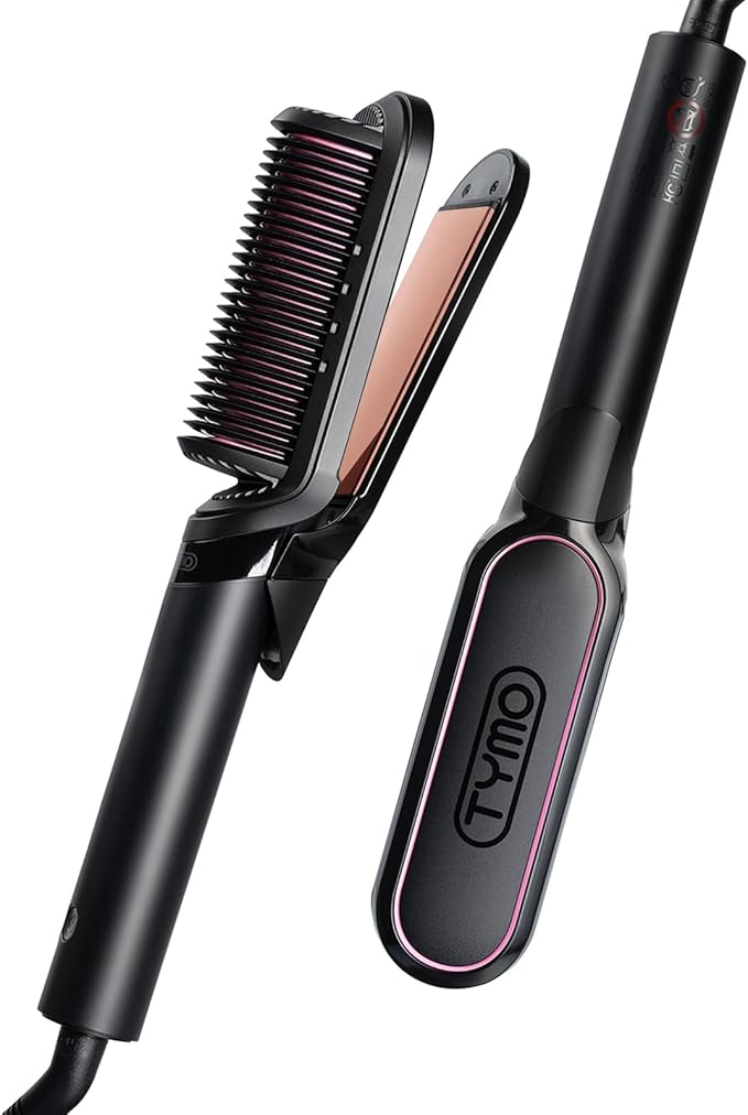 TYMO Flat Iron Hair Straightener Brush 2 in 1, 200M Ions Hair Straighteners for Women, Ceramic Dual Voltage Straightening Hot Comb for Anti-Frizz Straights, Waves, Curl, 3X Less Heat Damage, Rose Gold