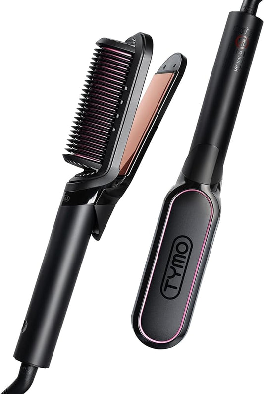 TYMO Flat Iron Hair Straightener Brush 2 in 1, 200M Ions Hair Straighteners for Women, Ceramic Dual Voltage Straightening Hot Comb for Anti-Frizz Straights, Waves, Curl, 3X Less Heat Damage, Rose Gold