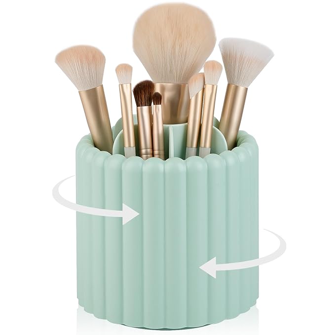 Anyoifax 360 Rotating Makeup Brush Holder 7 Slots Make Up Brush Organizer Removable Spinning Cosmetic Brushes Storage Pen Holder for Vanity, Dresser, Desk, Green