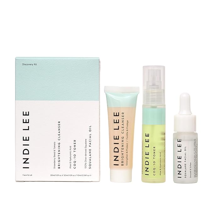 Indie Lee Discovery Kit - Brightening Cleanser, CoQ-10 Toner + Squalane Facial Oil - Skincare Regimen for Adults (3-Piece Travel Size Set)