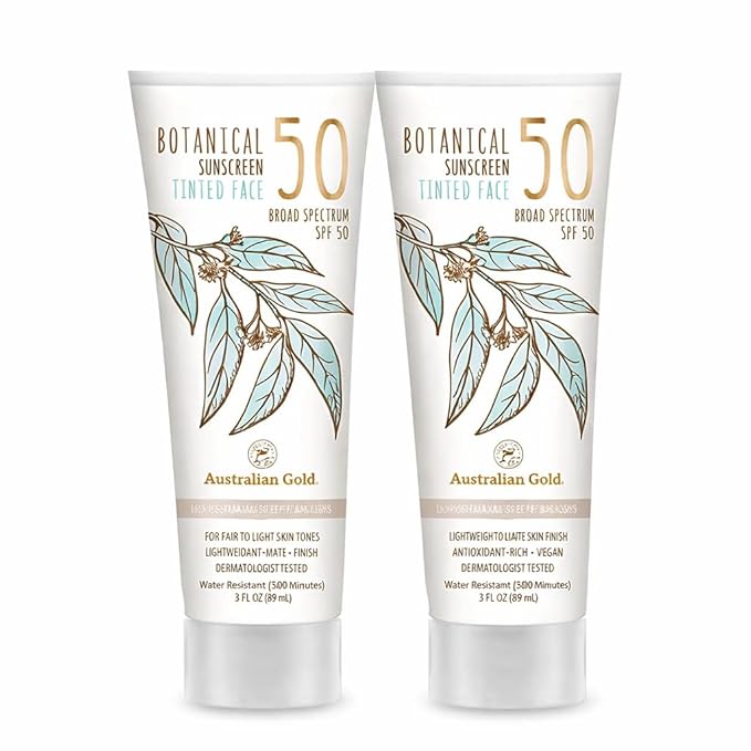 Australian-Gold Botanical Sunscreen Tinted Face Mineral Lotion SPF 50, 3 Ounce | Broad Spectrum | Water Resistant (2-pack)