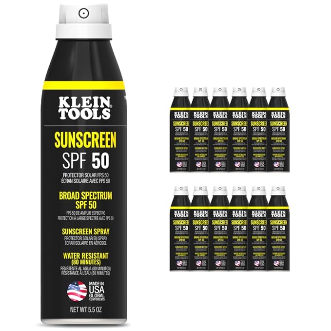 Klein Tools SPF50SPY55 Sunscreen Spray, SPF 50, 120-Minute Water-Resistant, Broad Spectrum UVA/UVB Sun Protection, Non-Greasy, 5.5 Ounce Bottle, 12-Pack