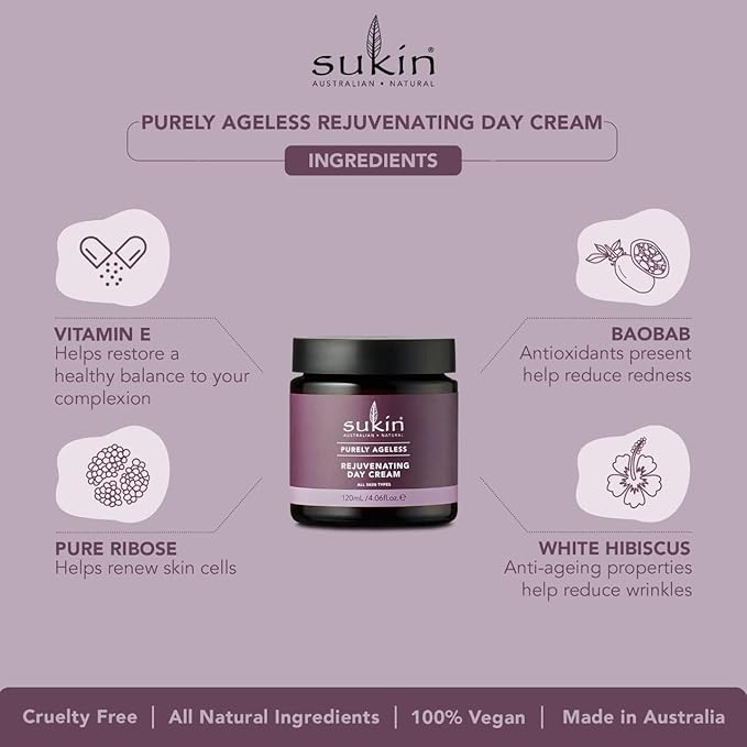Sukin Purely Ageless Rejuvenating Day Cream, All Skin Types, Paraben Free, Cruelty Free, 4.06 Fluid Ounces (Pack Of 1)
