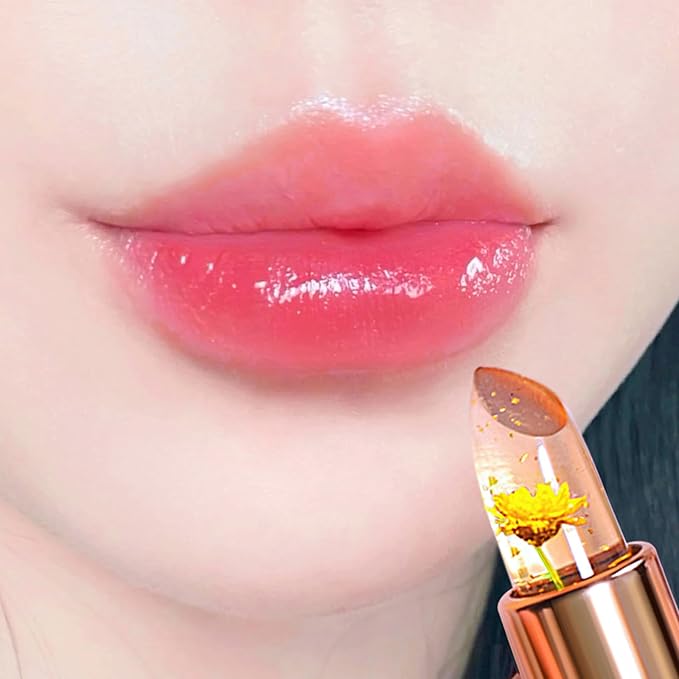 BLUE LOVE 3-Piece Color Changing Flower Jelly Lipstick Set - Nourishing Clear Lip Balm with Flower, Long-Lasting Moisturizing Lip Gloss (3Pc Gold)