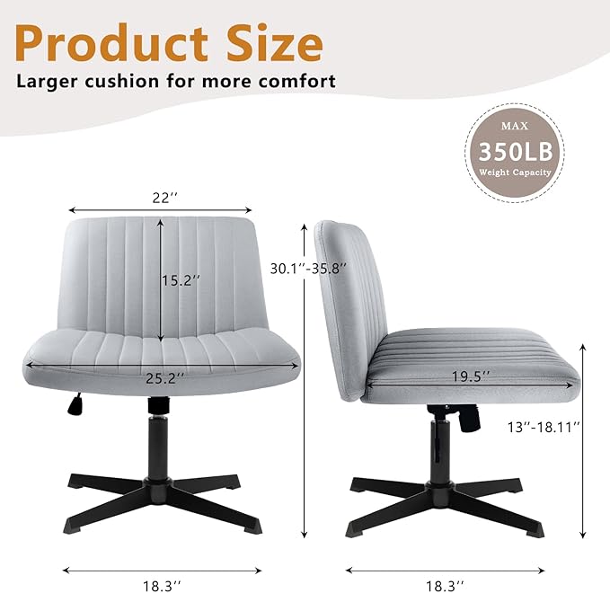 Criss Cross Chair, Armless Cross Legged Office Vanity Chair, Comfortable Fabric Wide Swivel Criss Cross Desk Chair for Home Office, Height Adjustable Vanity Criss Cross Chair with Back, Grey