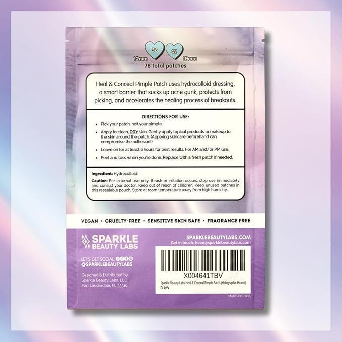 Heal & Conceal Pimple Patch - Cute Holographic Heart Shaped Acne Patches, Fun Hydrocolloid Zit Stickers for Face (Iridescent Hearts, 78 Count)