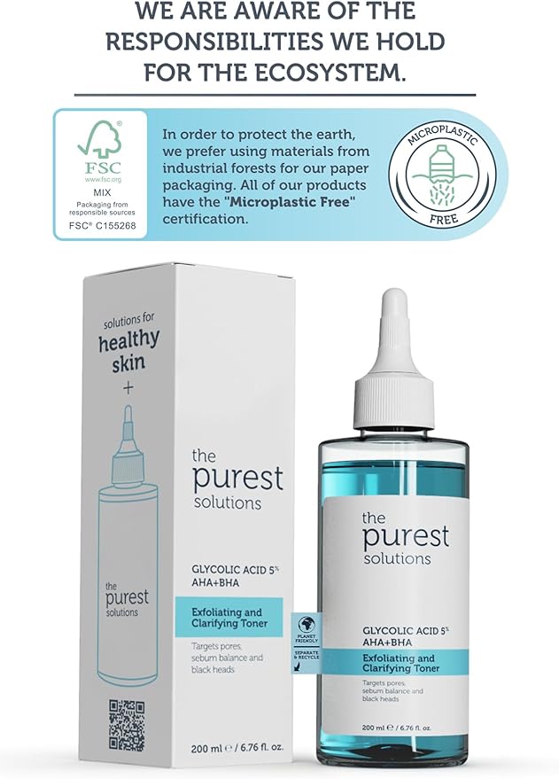 The Purest Solutions Exfoliating and Clarifying Toner (Glycolic Acid 5% AHA + BHA) - for All Skin Types - Balance Sebum Secretion - Reduce Pores Appearance - Vegan | Cruelty Free (6.76 fl. oz)