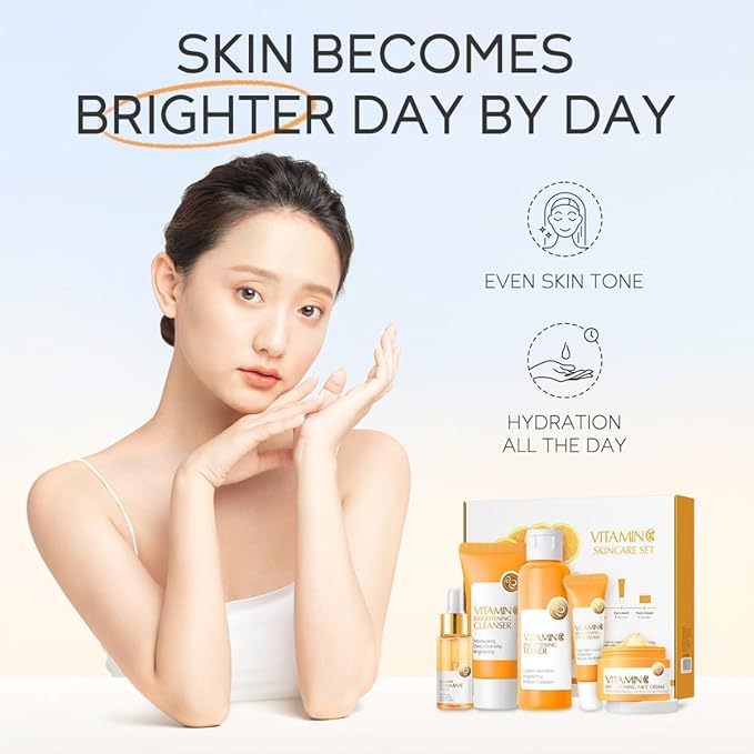 Vitamin C Skin Care Set, 5 Pcs Vitamin C Skin Care Kit with Face Wash, Toner, Serum, Eye Cream and Face Moisturizer Cream, Hydrating and Smooth Skin, Travel Size Skincare Set for Women Girls