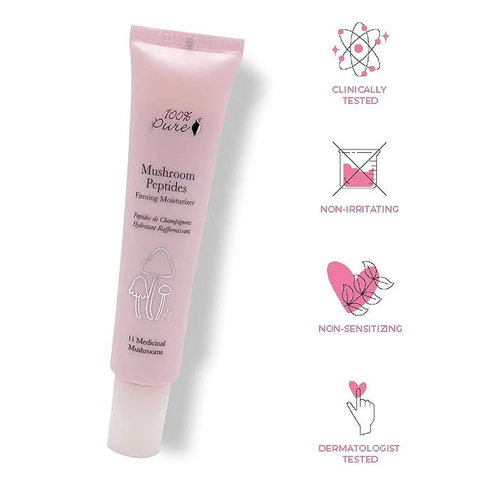 100% PURE Mushroom Peptide Face Moisturizer - 11 Medicinal Mushrooms + Hyaluronic Acid & Quinoa Peptides for Deep Hydration, Firming & Youthful Radiance - Adaptogenic Face Cream - 1.4 Fl oz