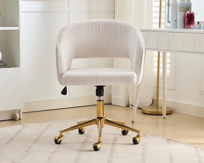 Home Office Chair Swivel Corduroy Fabric Desk Chair Accent Armchair Upholstered Modern Tufted Chairs with Gold Base for Girls Women Ergonomic Study Seat Computer Task Stools for Living Room(Beige)