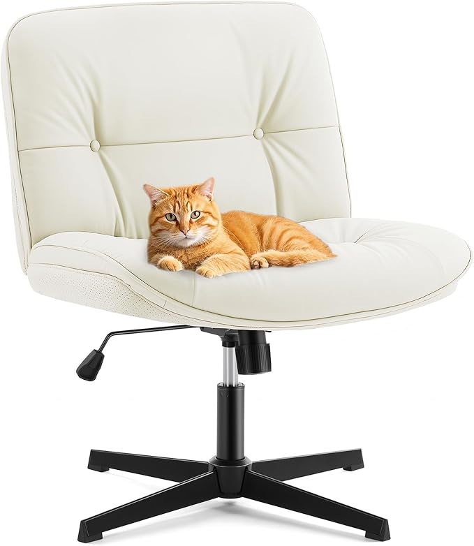 Sweetcrispy Criss Cross Chair, Wide Seat PU Leather Armless Office Desk Vanity Chair, Comfortable Adjustable Swivel Computer Task Chairs for Bedroom, Small Space Make Up, Light Beige