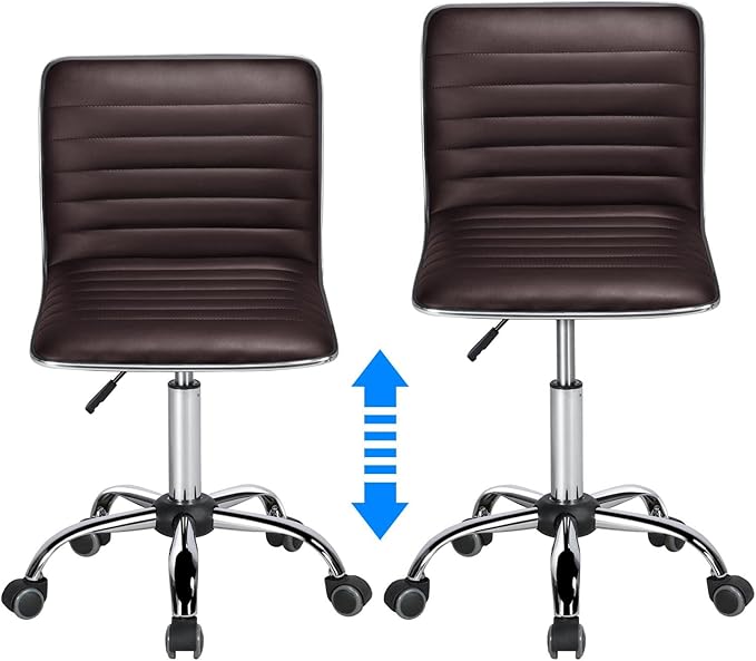 Yaheetech Modern PU Leather Ribbed Armless Working Office Chair Adjustable Low-Back Comfy Desk Task Chair w/Rolling Wheels, Brown