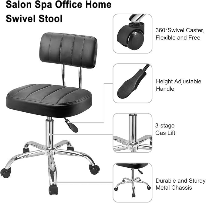 JOSTZHXIN Office Desk Chair with Wheels, Rolling Stool with Backrest Height Adjustable, Swivel Stool with Low Back Lumbar Support, Square PU Leather Swivel Chair with Back