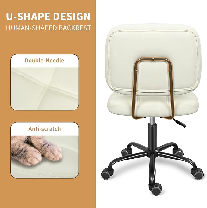 Armless Home Office Desk Chair with Wheels, Modern Ergonomic Drafting Rolling Chair with 360° Swivel Wheels,Height Adjustable Computer Task Chairs for Small Space, White