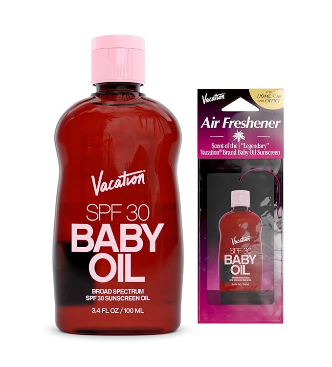 Vacation Baby Oil SPF 30 & Air Freshener Bundle, Hydrating & Nourishing, Mineral-Oil Free, Lightweight Formula, Transparent On All Skin Tones, Travel Size Sunscreen, 3.4 Fl. Oz.
