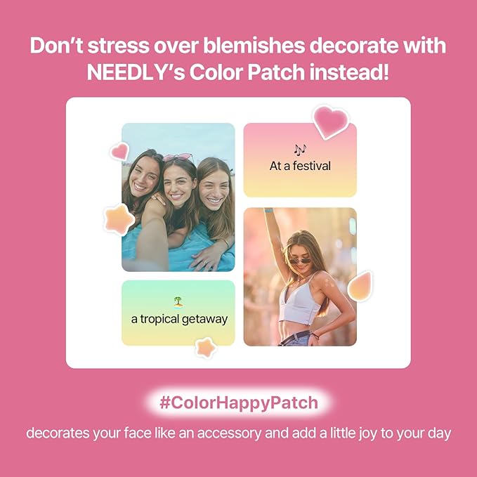 NEEDLY Patch for Blemishes Colorful, 12 Patches | Hydrocolloid Microdart Pimple Patch, Cute Star, Heart & Teardrop Micropoint Acne Patch for Early-Stage Zits and Deep Pimples, Korean Skin Care