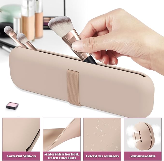 Silicone Makeup Brush Holder Travel Case No Odor Nylon Strap Closure | Water-Resistant Brush Organizer for Travel Makeup Brushes Storage-Khaki