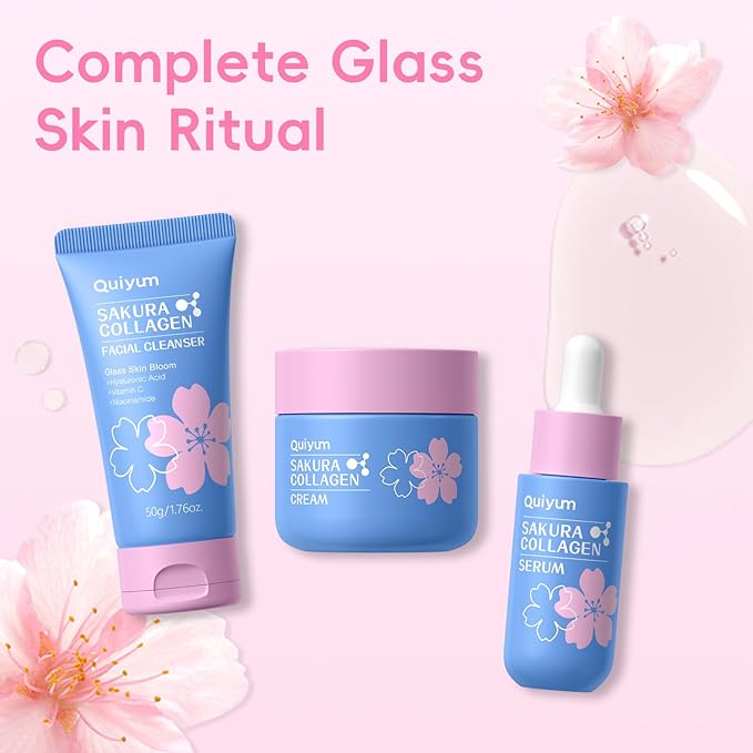 Sakura Collagen Skin Care Set - 5pcs Skincare with Facial Cleanser, Serum, Cream, Pink Facial Brush, Bunny Hair Band & Makeup Bag, Deep Cleansing, Hydrating, Firming, Even Tone, Radiance