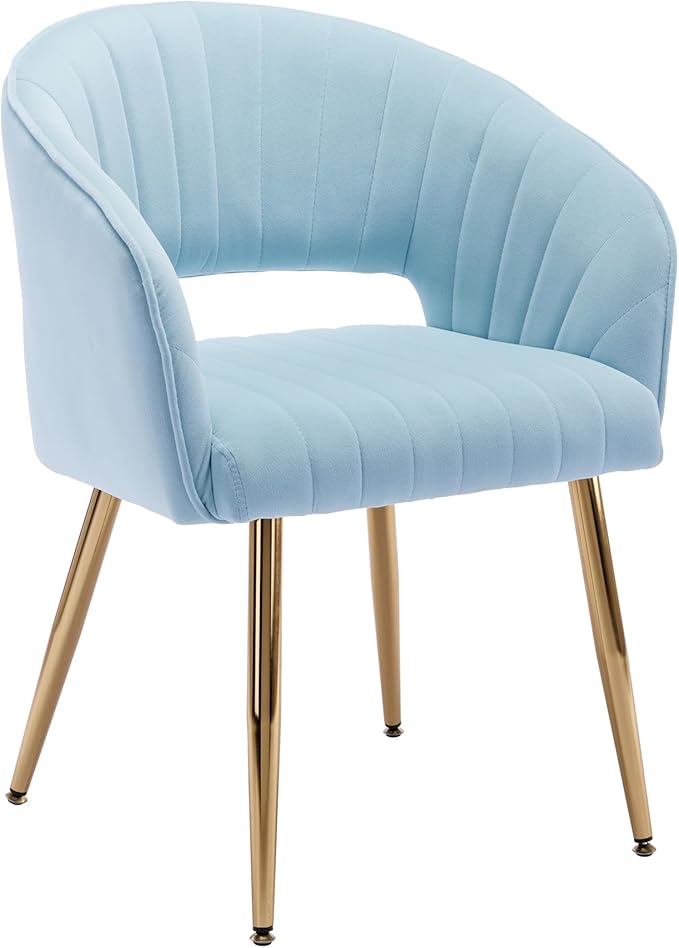 Home Office Chair Velvet Desk Chair Accent Armchair Upholstered Modern Tufted Chairs with Gold Legs for Girls Women Ergonomic Study Seat Computer Task Stools for Living Room(Blue)