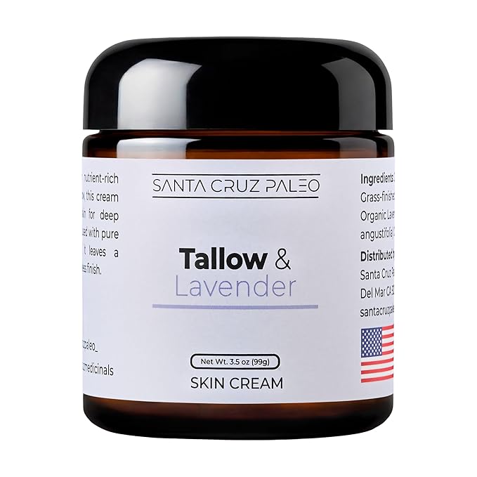 Santa Cruz Paleo, Suet Beef Tallow, Lavendar Moisturizer, Organic, Grassfed Beef Tallow Skin Care, Non-Comedogenic Face & Body Moisturizer for Sensitive Skin, Lavendar, 3.5 Oz