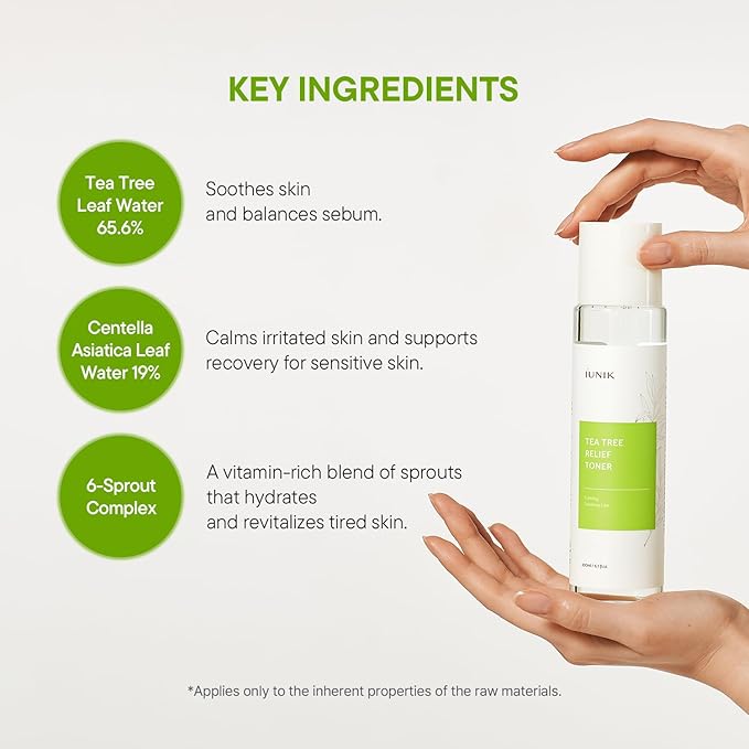 IUNIK Tea Tree Relief Vegan Face Toner - Facial Moisturizer Acne-Prone Irritated Skin w Tea Tree 67% Centella Asiatica 19.5% 6.7 Fl OZ Sensitive Skin Breakout Rosacea Blemish Plant-Based Ingredients