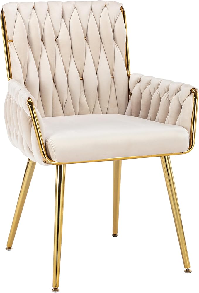 ABET Office Desk Chair No Wheels, Woven Velvet Vanity Chair with Back & Armrest, Comfy Upholstered Cute Gold Metal Legs Makeup Aesthetic Armchair for Girls & Women Bedroom, Nail Spa, Beige